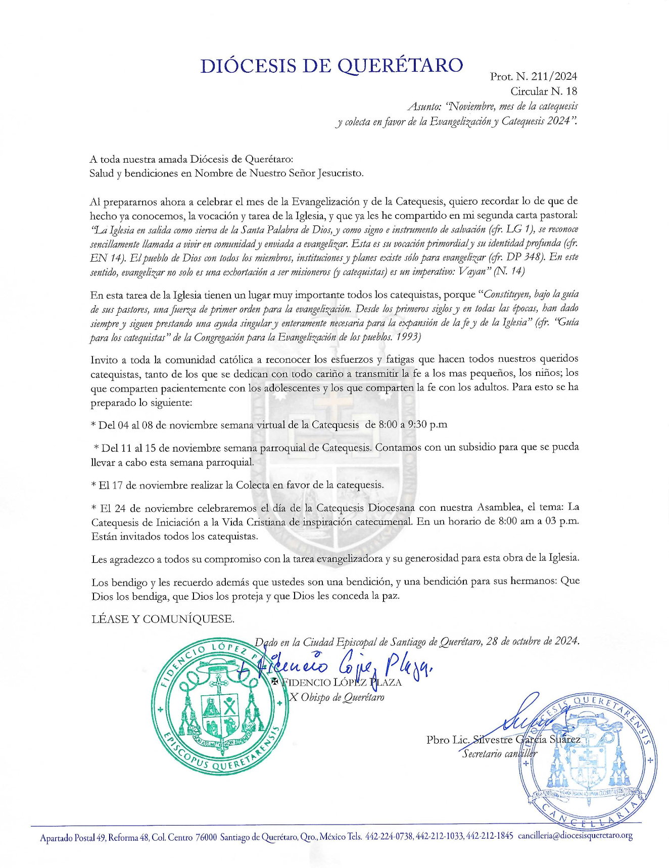 Prot. N. 211/2024 Circular N. 18. Asunto: “Noviembre, mes de la catequesis y colecta en favor de la Evangelización y Catequesis 2024".